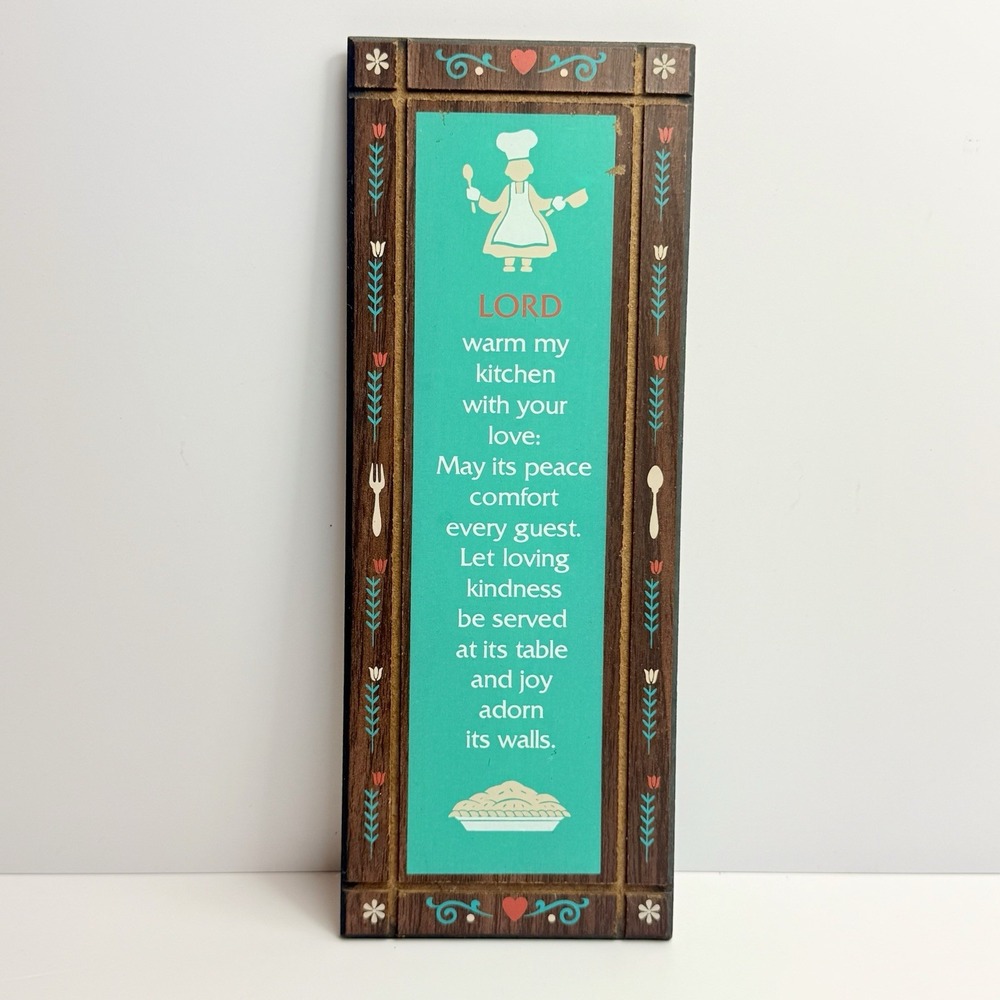 Vintage 1970s Wood Kitchen Blessing Wall Plaque Teal Green Pennsylvania Dutch